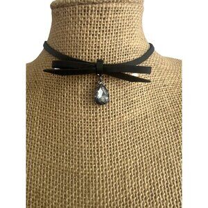 Black Faux Leather Choker Necklace Bow Teardrop Crystal Pendant Gunmetal Adj